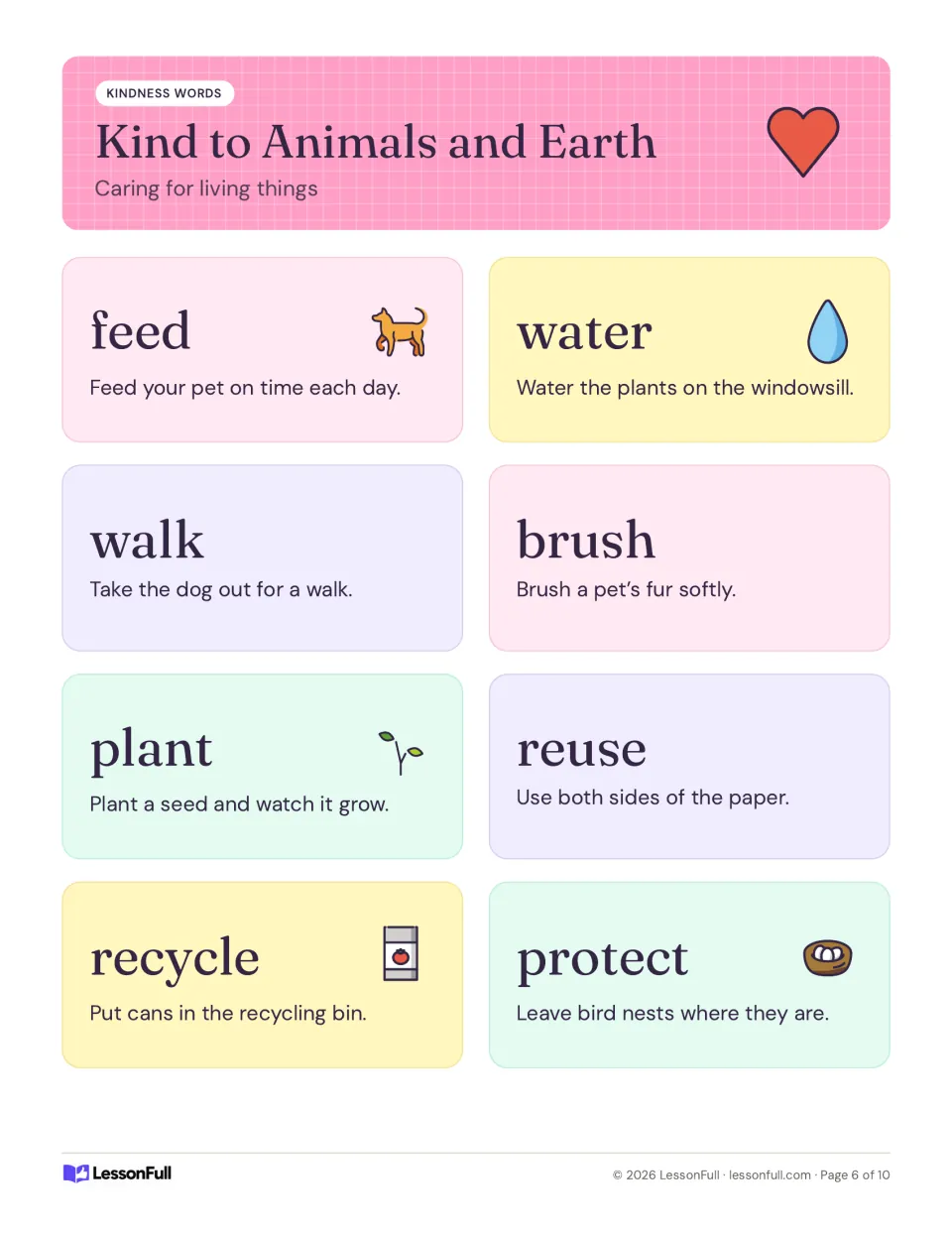 Kind to Animals and Earth poster: feed, water, walk, brush, plant, reuse, recycle, protect, caring for living things