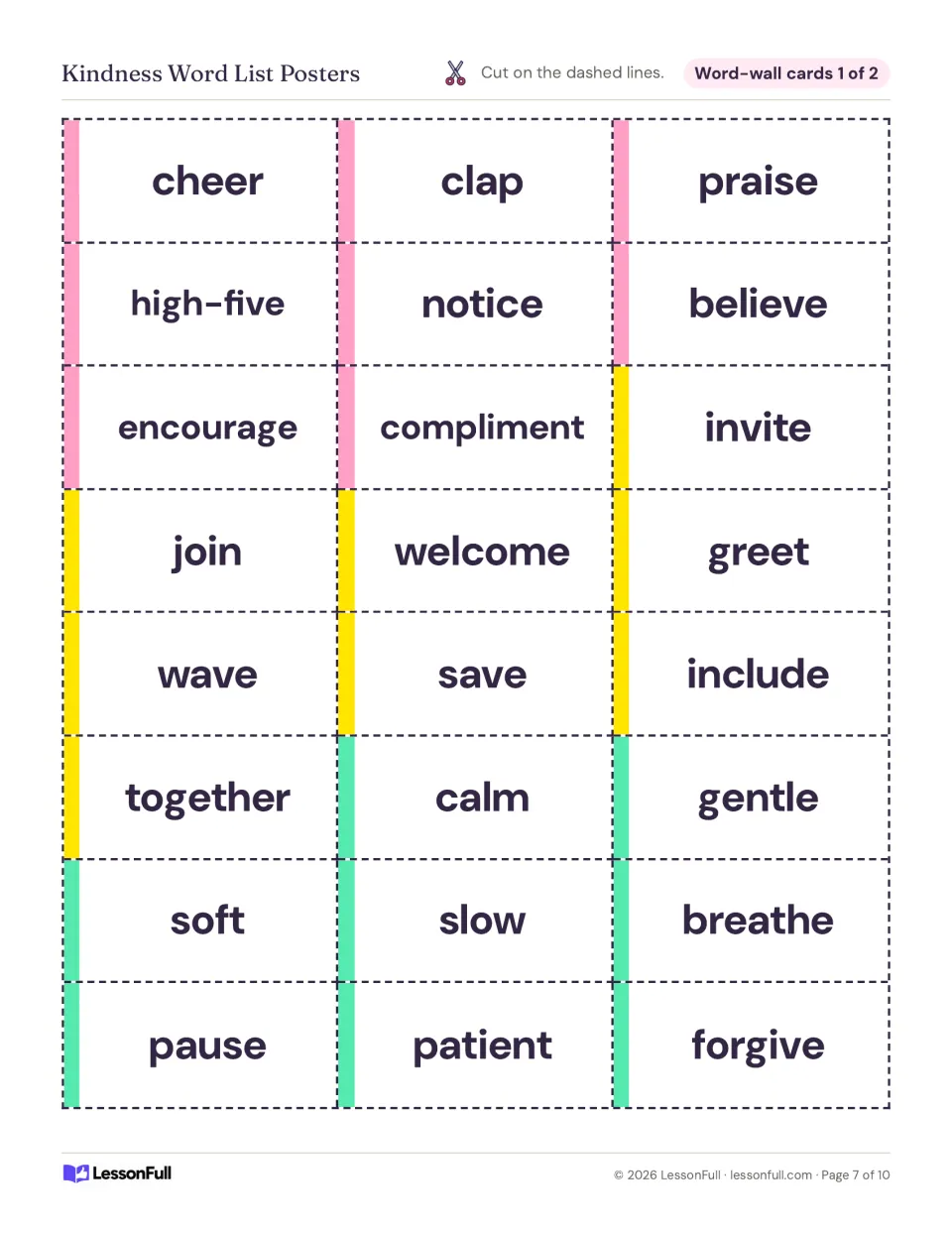 Cut-apart word-wall cards 1 of 2 with 24 kindness words, from cheer and clap through patient and forgive