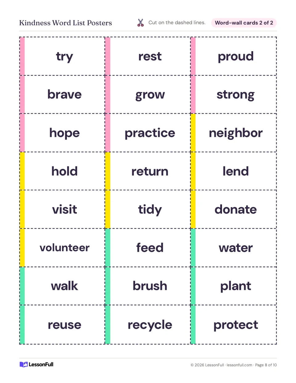 Cut-apart word-wall cards 2 of 2 with 24 more kindness words, from try and rest through recycle and protect