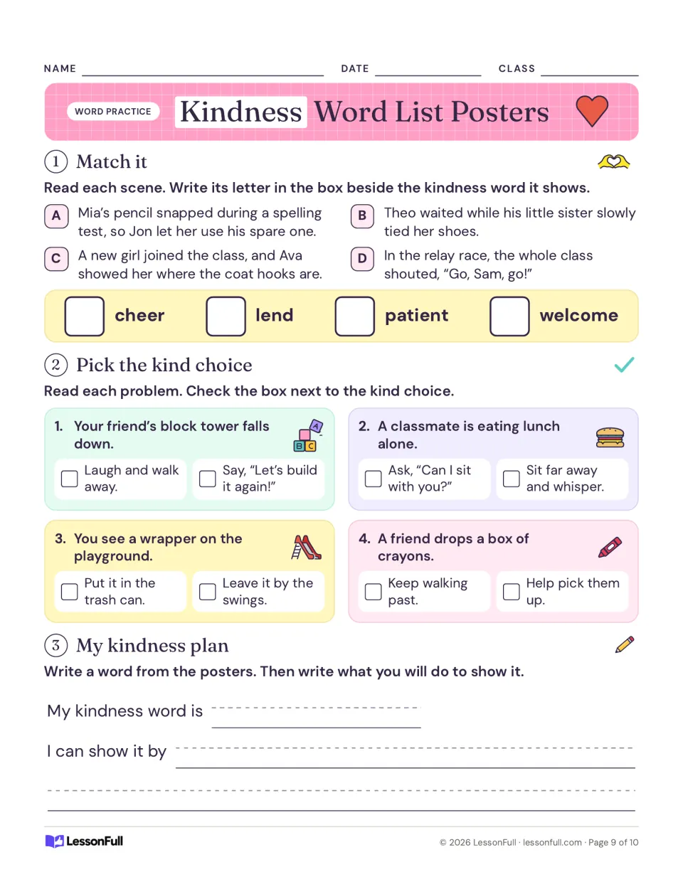 Kindness word practice: match scenes to cheer, lend, patient, welcome, pick the kind choice, write a kindness plan