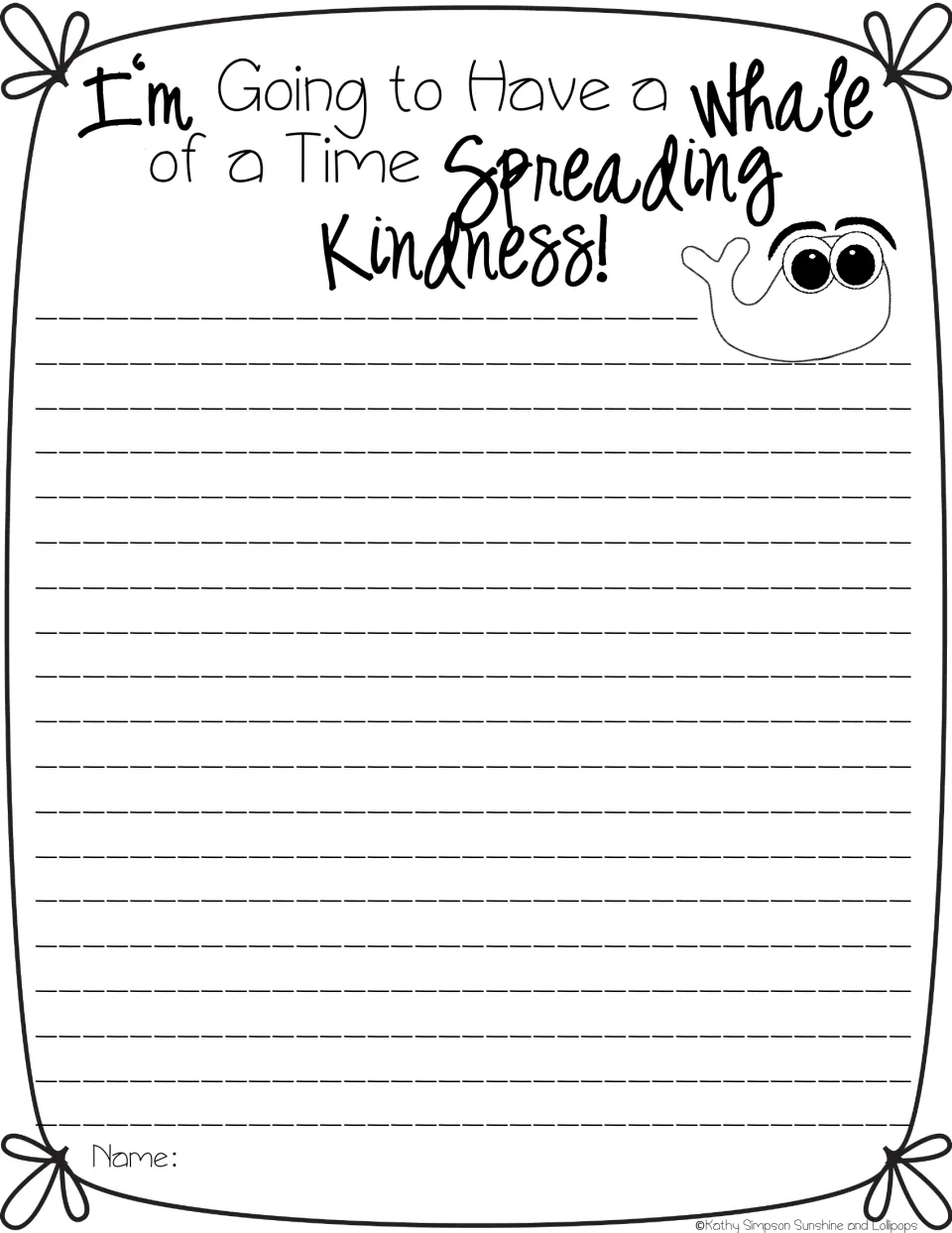 Kindness writing frame "I'm Going to Have a Whale of a Time Spreading Kindness!" with a whale for student responses