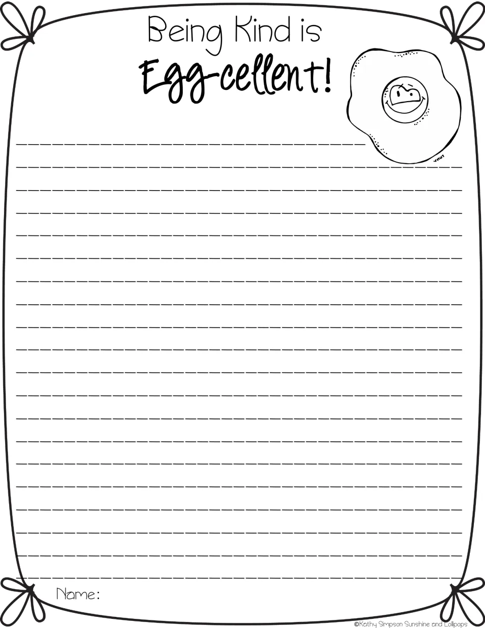 Kindness writing frame "Being Kind is Egg-cellent!" with a smiling fried egg; students write a paragraph about being kind