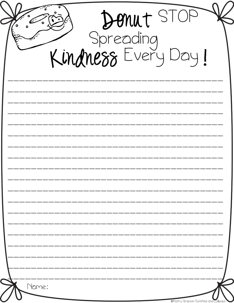Kindness writing frame "Donut STOP Spreading Kindness Every Day!" with a donut; students write about daily acts of kindness