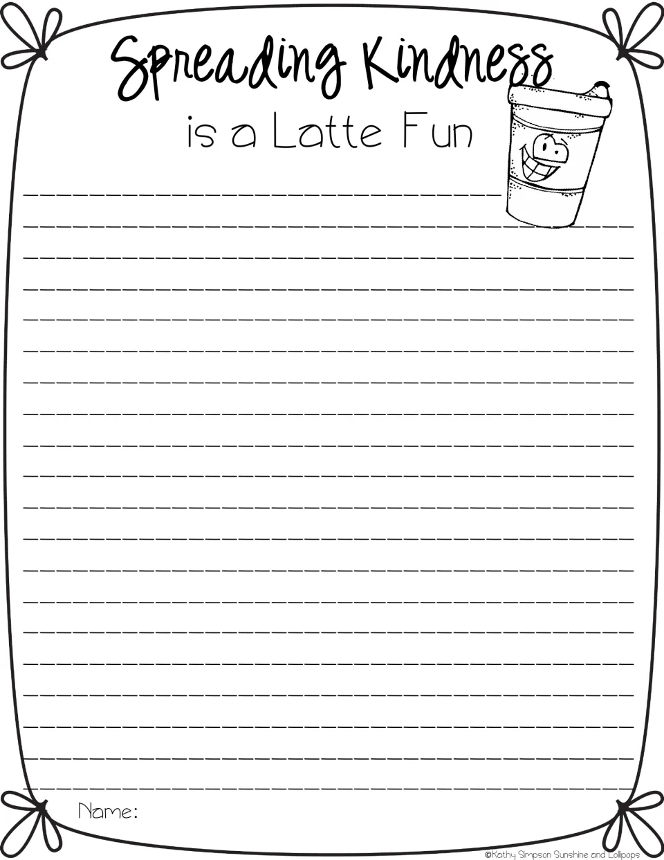 Kindness writing frame "Spreading Kindness is a Latte Fun" with a smiling coffee cup; students write about kindness