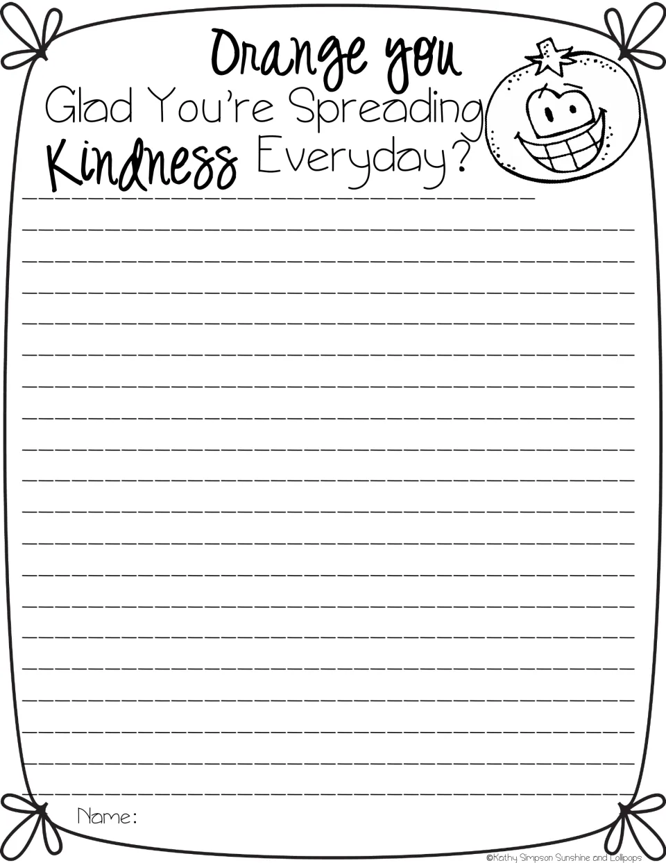 Kindness writing frame "Orange you Glad You're Spreading Kindness Everyday?" with a grinning orange for written responses