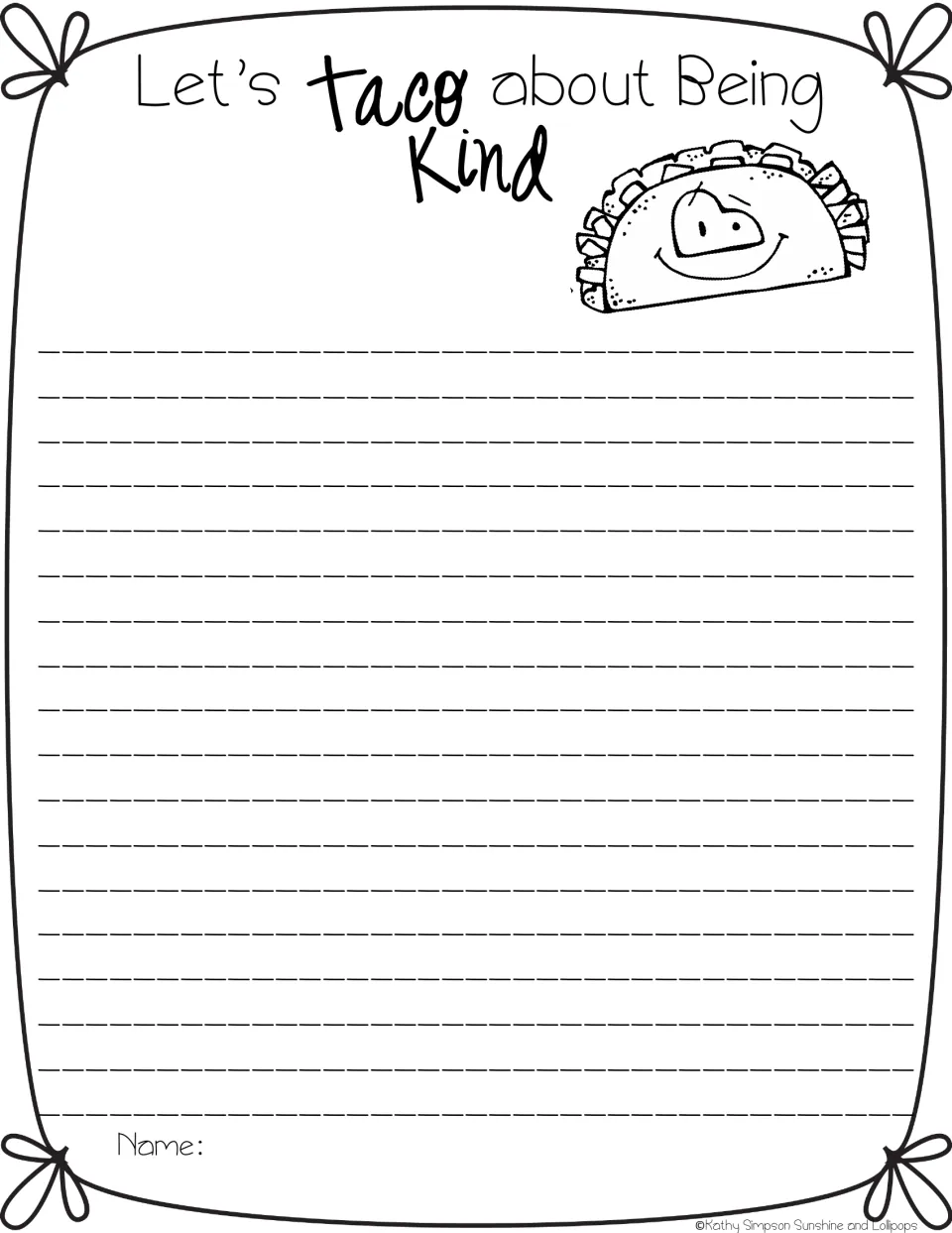 Kindness writing frame "Let's Taco about Being Kind" with a smiling taco; students write their ideas about being kind