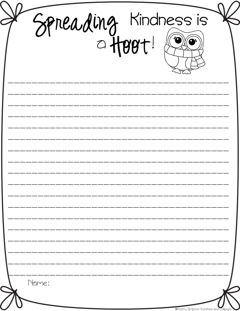Kindness writing frame "Spreading Kindness is a Hoot!" with an owl in a scarf; students write about ways to spread kindness