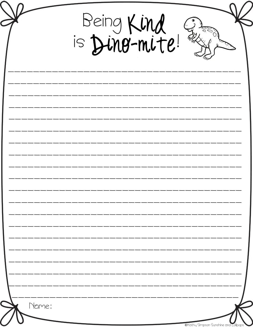 Kindness writing frame "Being Kind is Dino-mite!" with a smiling dinosaur; students write about being kind