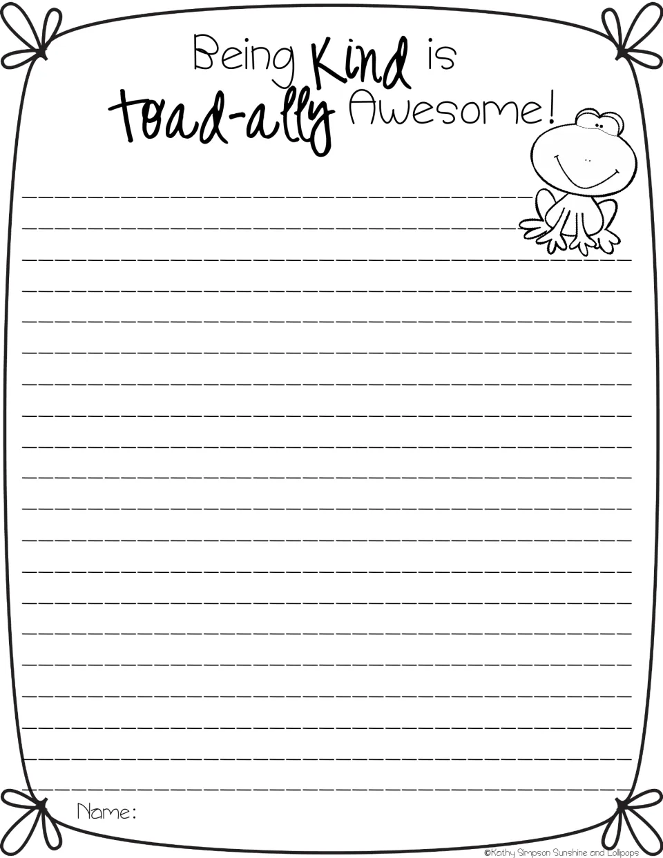 Kindness writing frame "Being Kind is Toad-ally Awesome!" with a smiling frog; students write about kind things they can do