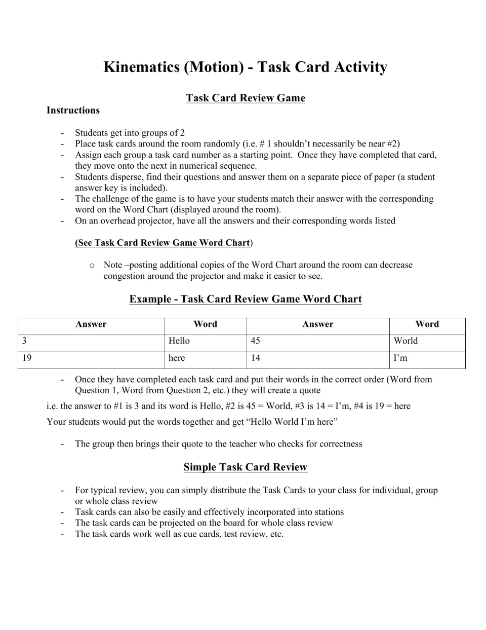 Kinematics task card instructions explain partner play, matching answers to words, and assembling a quote.