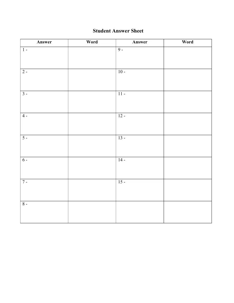 Student answer sheet for kinematics task cards 1–15, with spaces to record each answer and its matching word.
