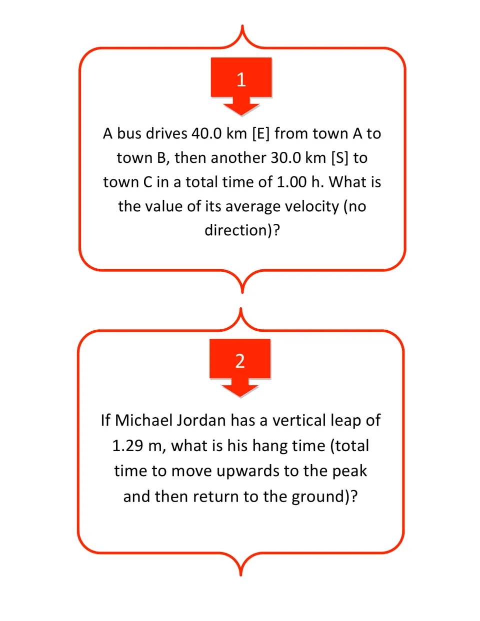 Kinematics cards 1–2 ask for a bus's average velocity after traveling east and south, and a jumper's hang time.