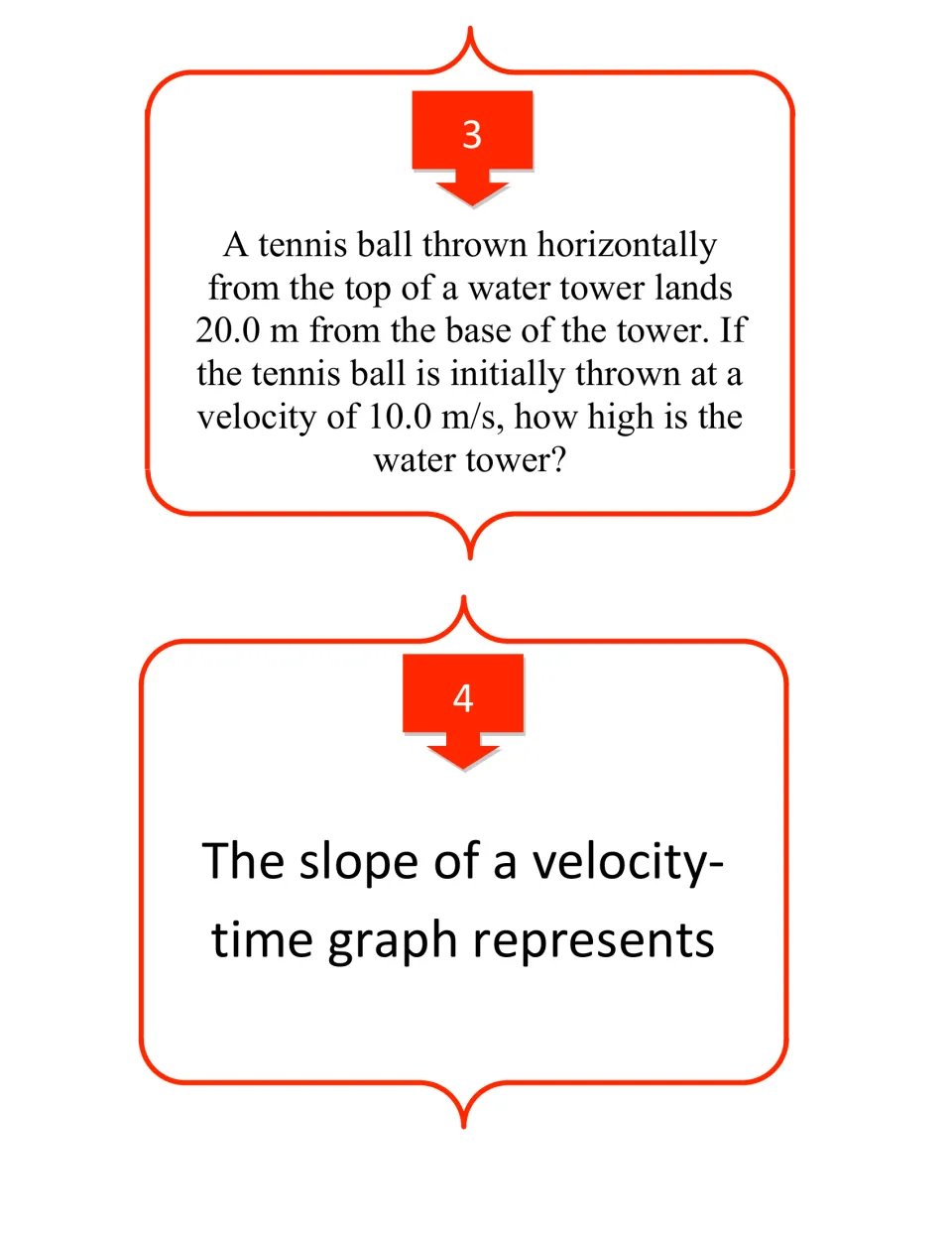 Kinematics cards 3–4 ask for a water tower's height from a tennis ball's motion and a velocity-time graph's slope.