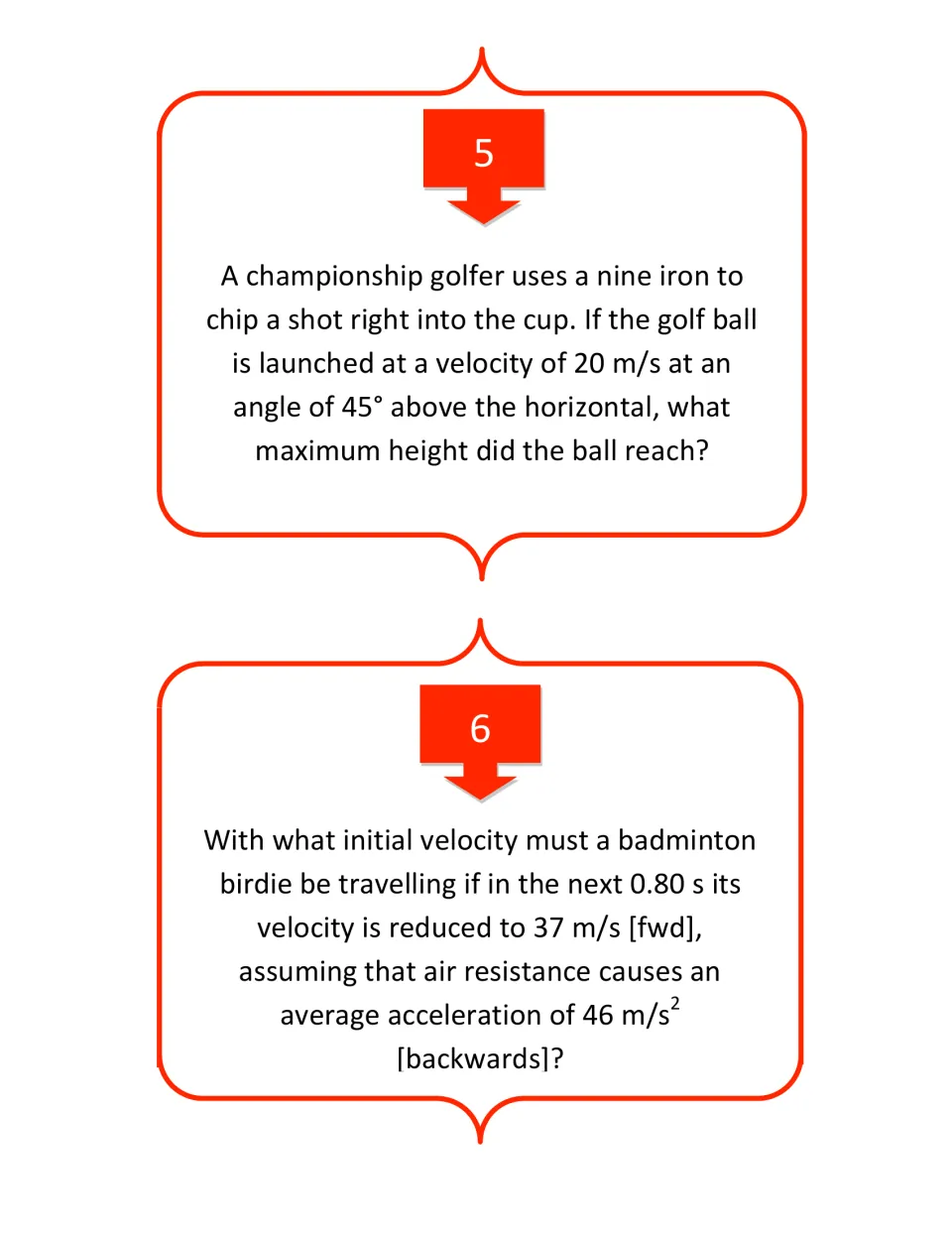 Kinematics cards 5–6 ask for a golf ball's maximum height and a badminton birdie's initial velocity as it slows.
