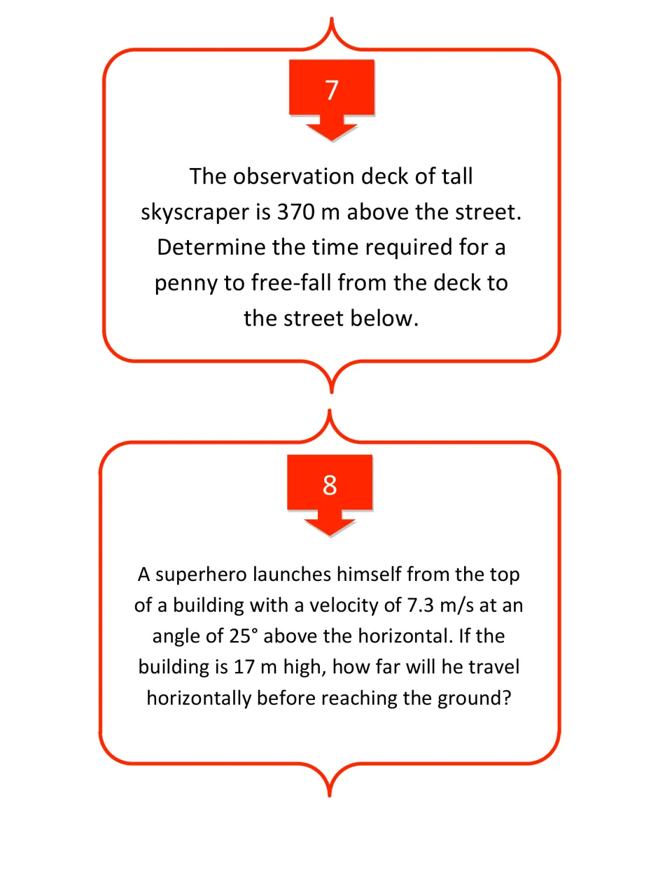Kinematics cards 7–8 ask for a penny's fall time from 370 m and a superhero's horizontal range from a building.