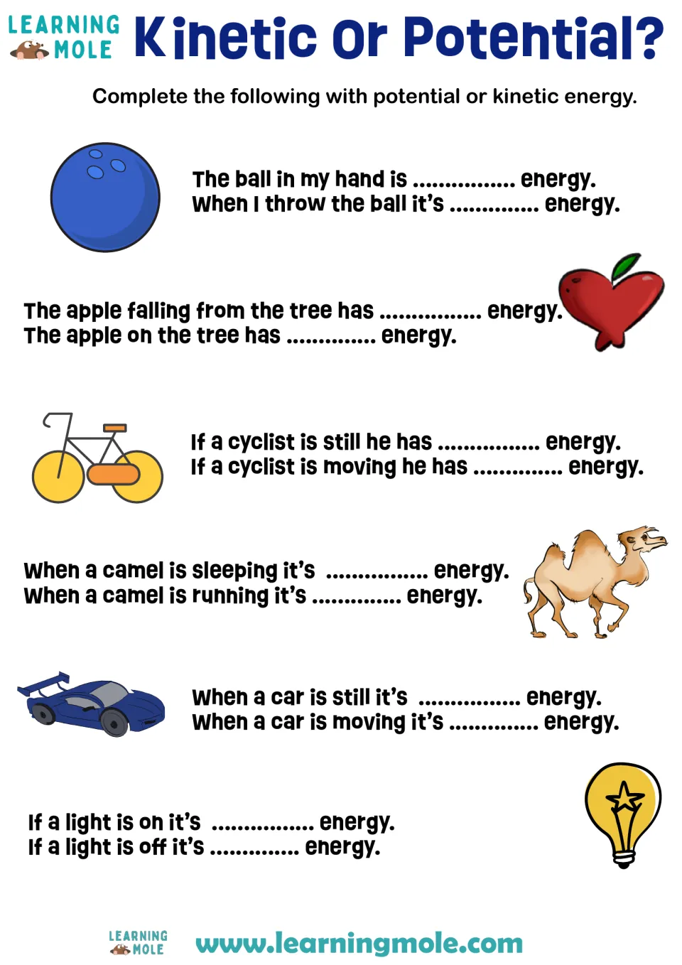 Kinetic or potential energy: students fill in 12 blanks about a ball, apple, cyclist, camel, car and light bulb