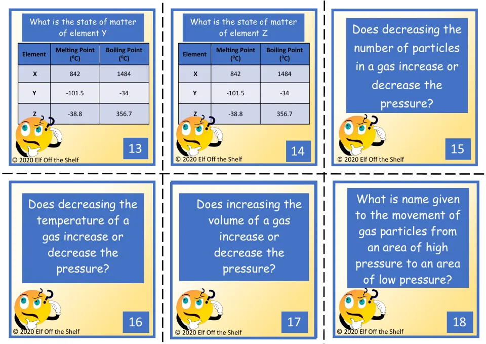 Board game cards 13–18: states of elements Y and Z, gas pressure changes, and movement of gas particles