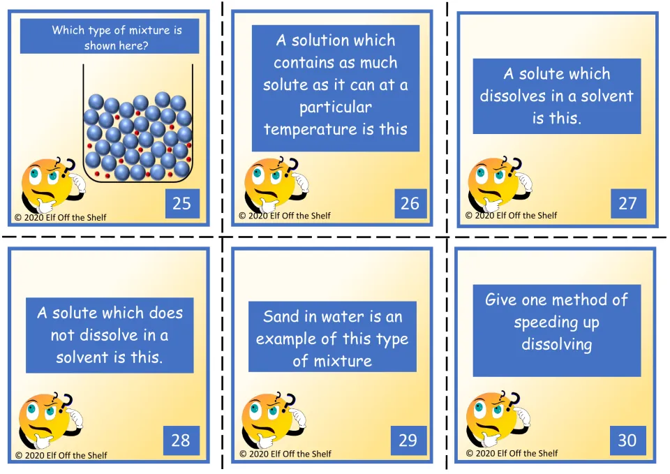 Board game cards 25–30: solution diagrams, saturation, solubility, sand in water, and faster dissolving