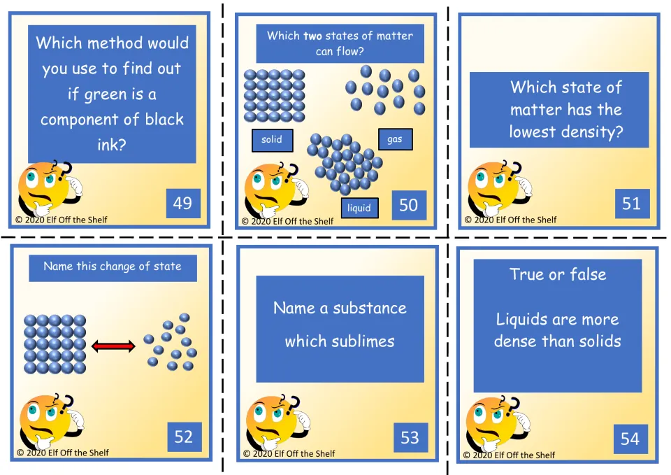 Board game cards 49–54: separating ink colors, states that flow, density, and sublimation questions