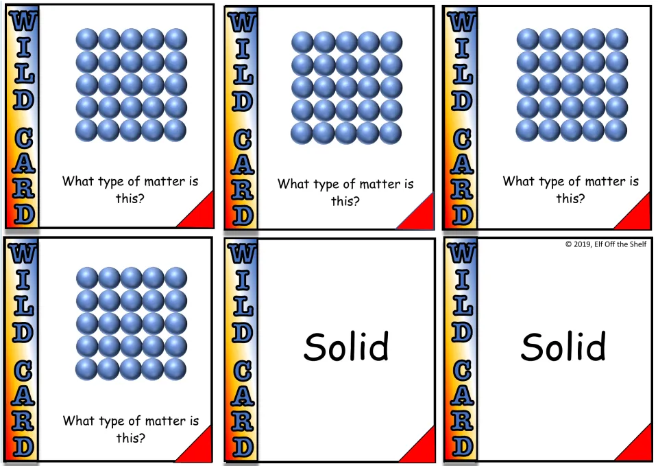 Solid state cards: four show tightly packed particles asking what type of matter this is, plus two Solid cards