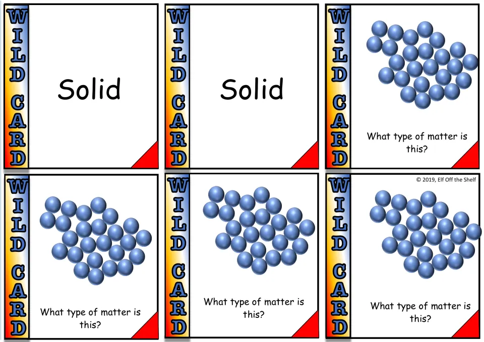 Solid and liquid cards: two Solid cards and four of loosely clustered particles asking what type of matter is shown