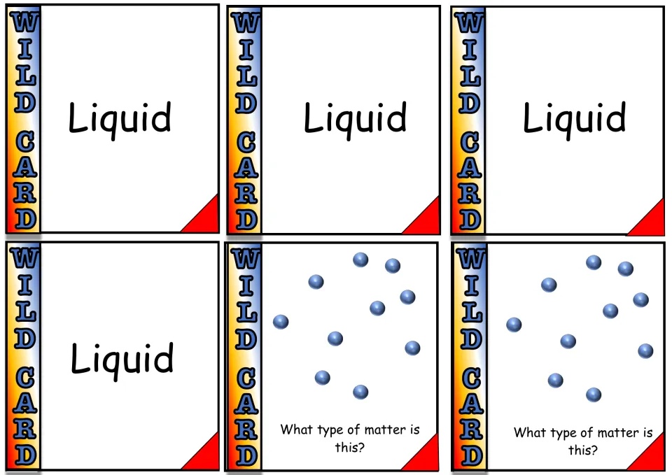 Liquid and gas cards: four Liquid cards and two with widely spaced particles asking what type of matter is shown
