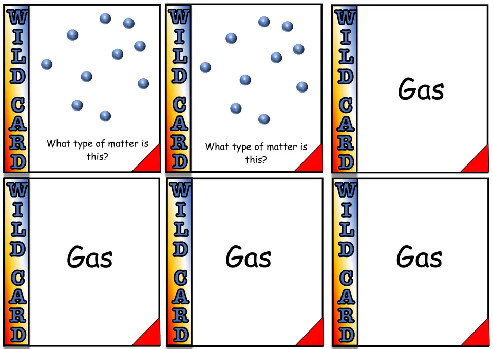 Gas cards: two with scattered particles asking what type of matter this is, plus four Gas cards to match