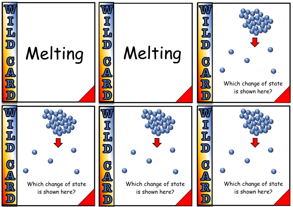 Liquid-to-gas cards: two Melting cards, then four show a particle cluster spreading apart and ask the change of state