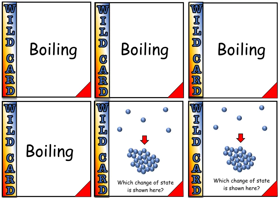 Boiling cards: four say Boiling; two show scattered particles merging into a cluster and ask the change of state