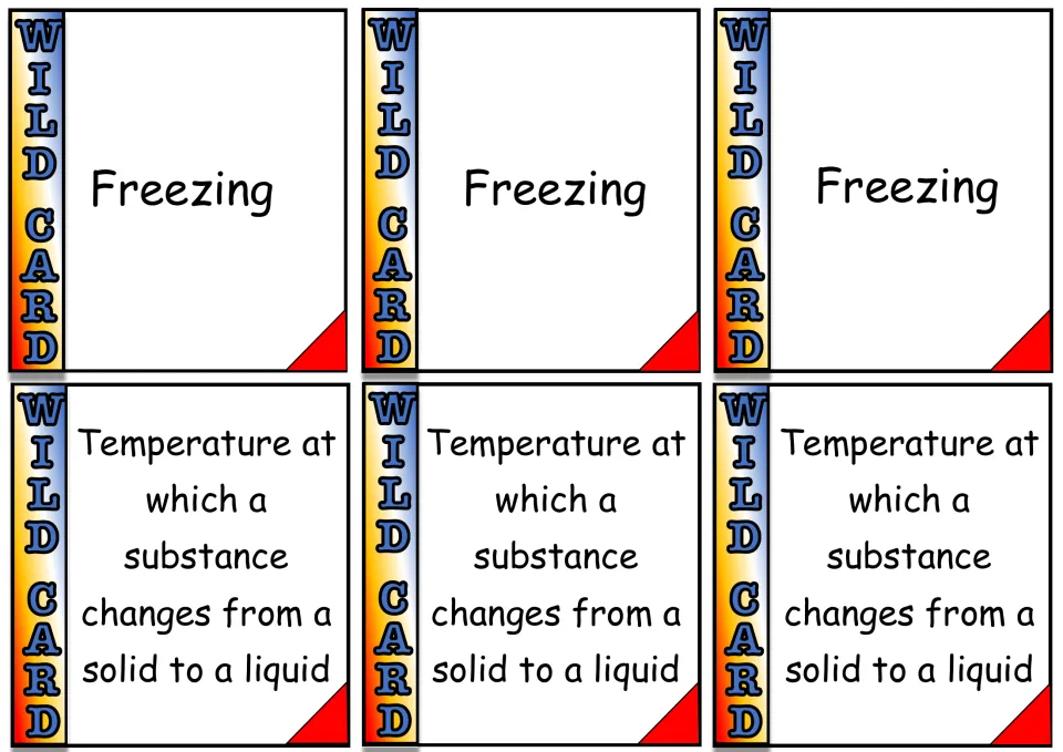 Freezing and definition cards: three say Freezing; three define the temperature where a solid changes to a liquid