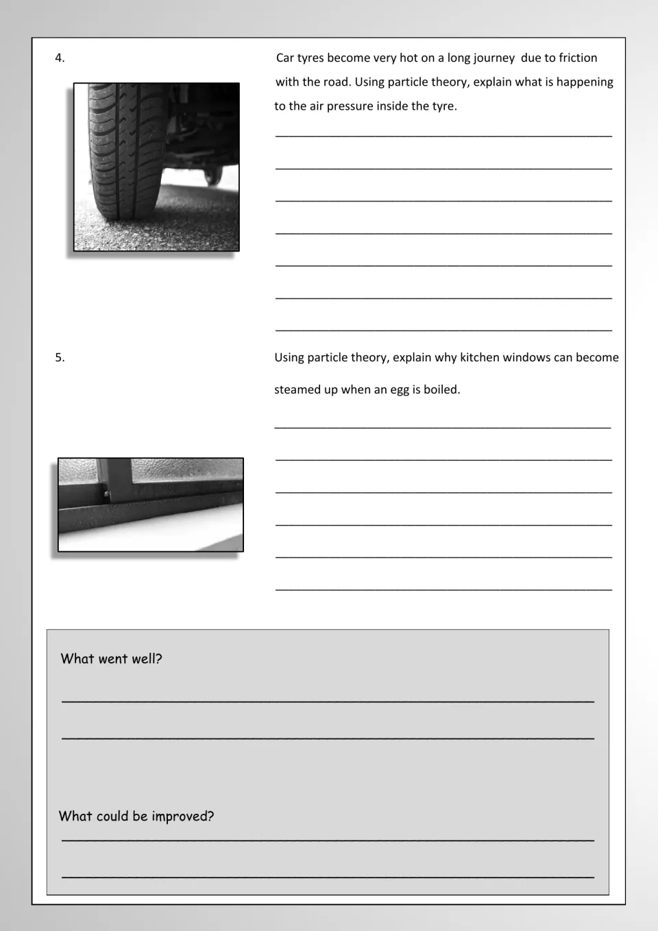 Particle theory writing: students explain air pressure in hot car tyres and steamed-up kitchen windows, then reflect
