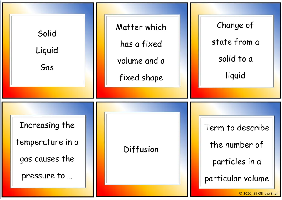 States of matter matching cards: Solid, Liquid, Gas, Diffusion, fixed shape, solid to liquid and gas pressure clues