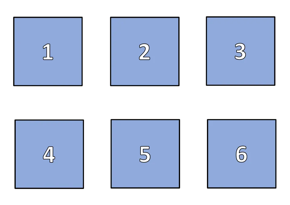 Numbered card backs 1 to 6 for the matching game, printed on the reverse so cards can be laid face down