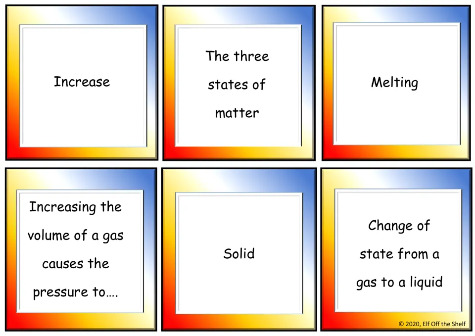 Change of state cards: Increase, Melting, Solid, the three states of matter, gas volume and pressure, gas to liquid