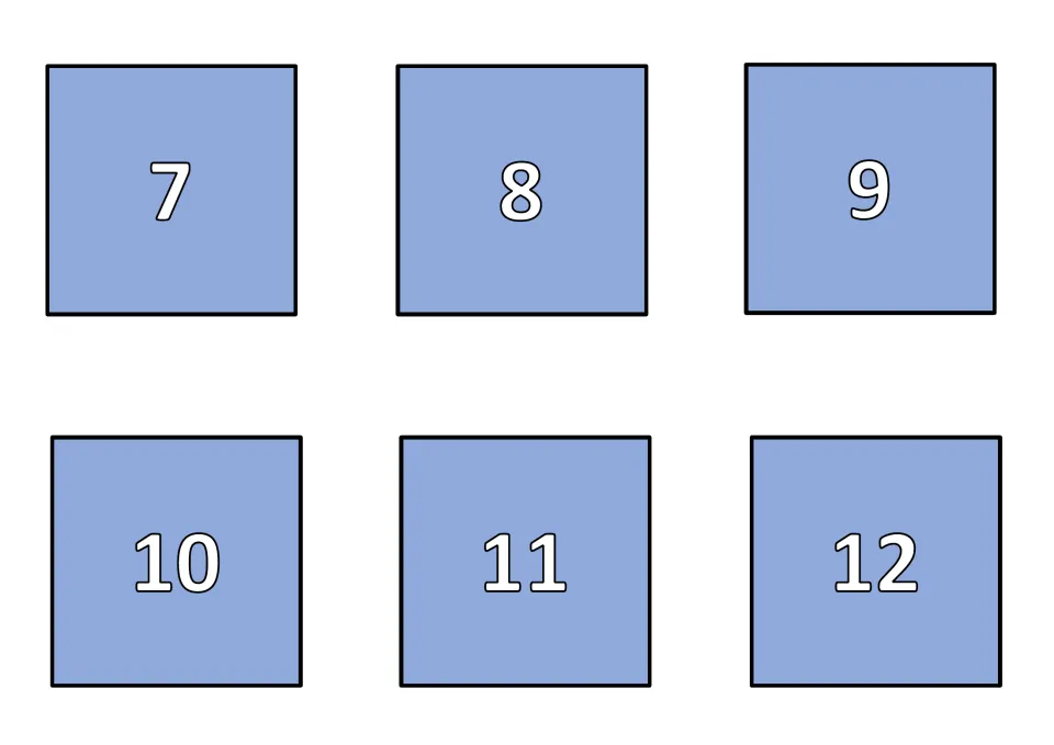 Numbered card backs 7 to 12 for the pairs game, to be printed on the back of the second sheet of cards