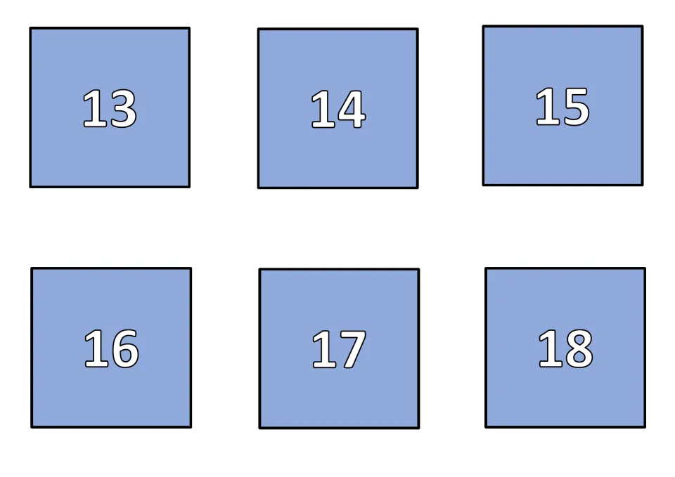 Numbered card backs 13 to 18 for the find-the-pair game, matching the third sheet of states of matter cards