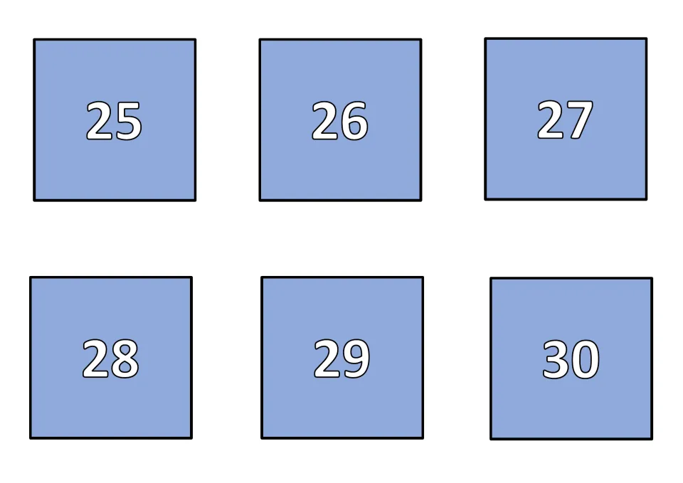 Numbered card backs 25 to 30, completing the set of face-down backs for the 30 kinetic theory matching cards