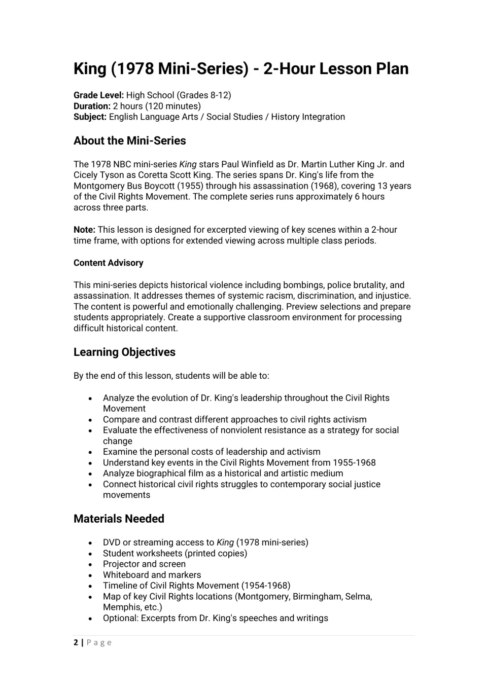 Lesson plan opener for the 1978 King mini-series: series overview, content advisory, learning objectives and materials