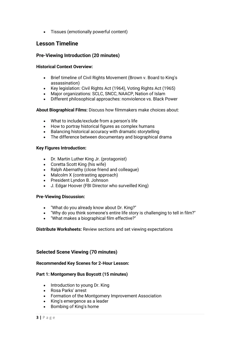 Pre-viewing plan: Civil Rights context, biographical film choices, key figures, opening questions and Montgomery scenes