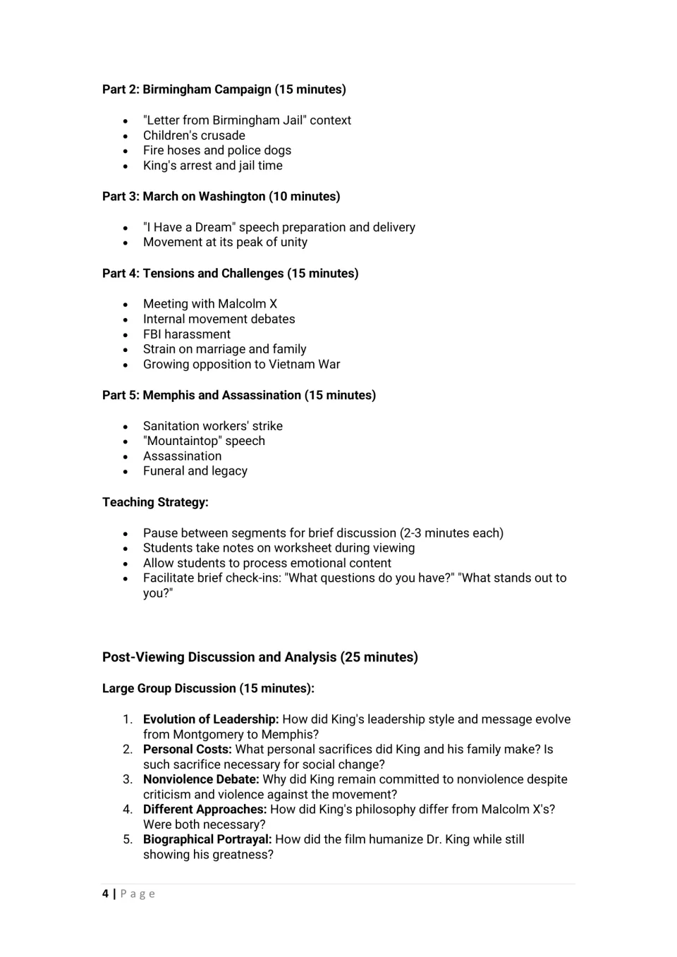 Scene guide from Birmingham to Memphis with viewing strategy and five post-viewing questions on King's leadership