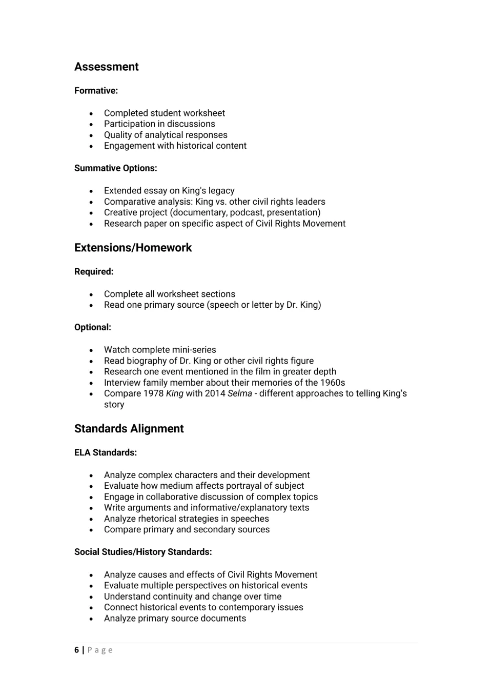 Assessment options, required and optional homework extensions, and ELA and social studies standards listed for the lesson
