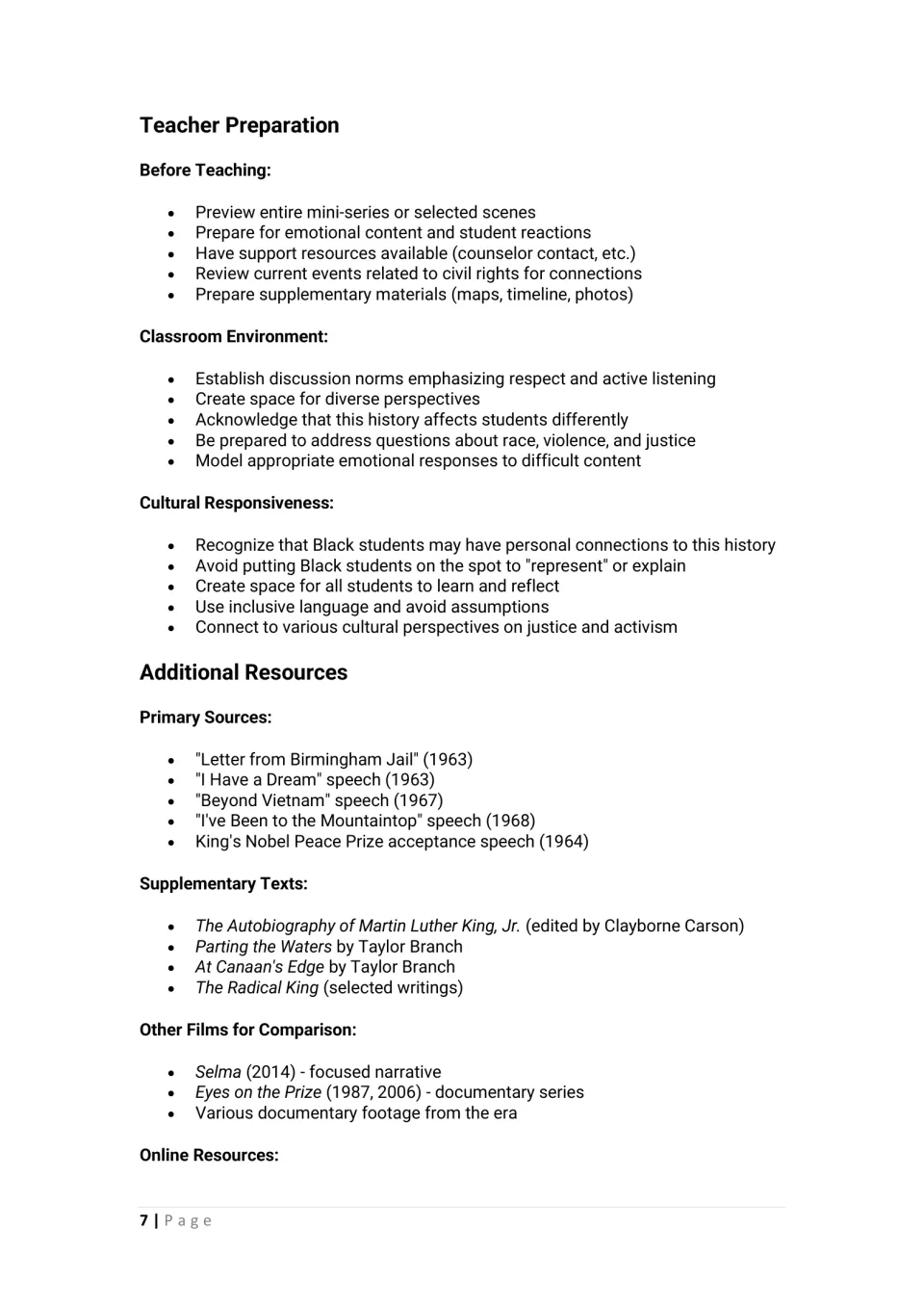Teacher preparation notes on classroom norms and cultural responsiveness, with King speeches, books and films to pair
