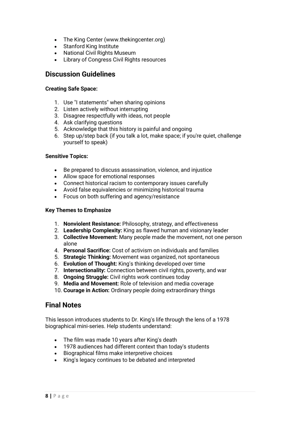 Discussion guidelines for a safe space, sensitive-topic tips, ten key themes such as nonviolent resistance, and final notes