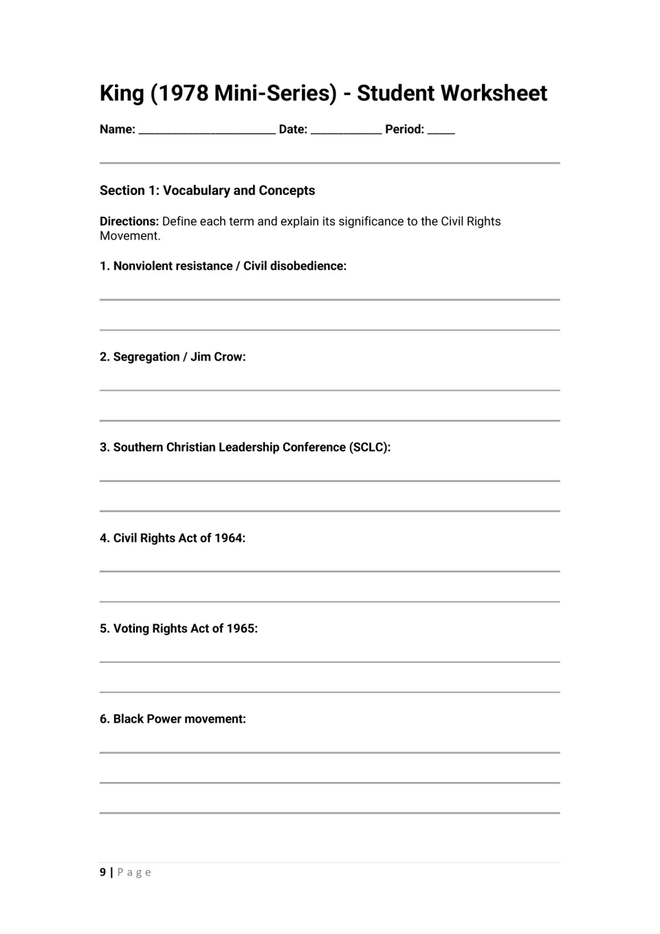 Vocabulary section: students define six civil rights terms, from Jim Crow to the Voting Rights Act, and explain each