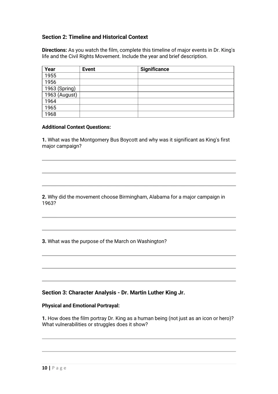 Civil Rights timeline 1955-1968: students log events and significance, answer context questions, analyze King's portrayal
