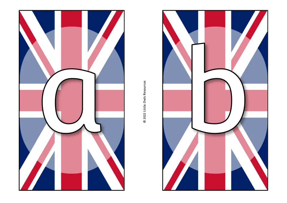 Coronation display letter cards a and b, beginning the lowercase alphabet sequence on the supplied pages.
