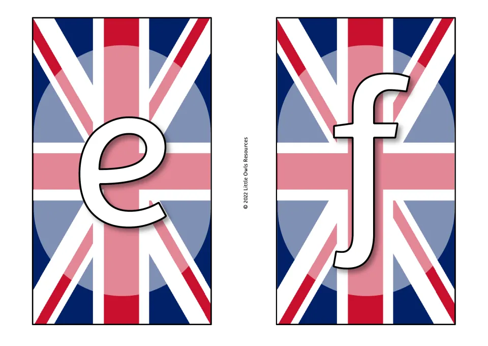Coronation display letter cards e and f, continuing the lowercase alphabet sequence in the supplied set.