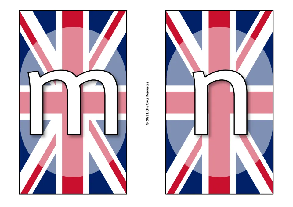 Coronation display letter cards m and n, continuing the lowercase alphabet sequence in the supplied set.
