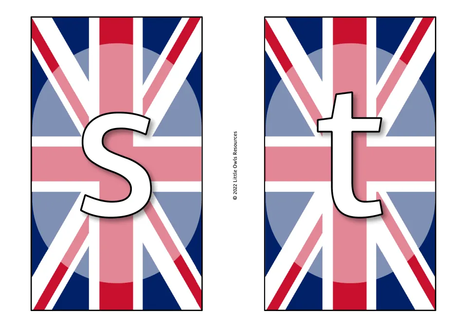 Coronation display letter cards s and t, ending the lowercase alphabet sequence on the supplied pages.