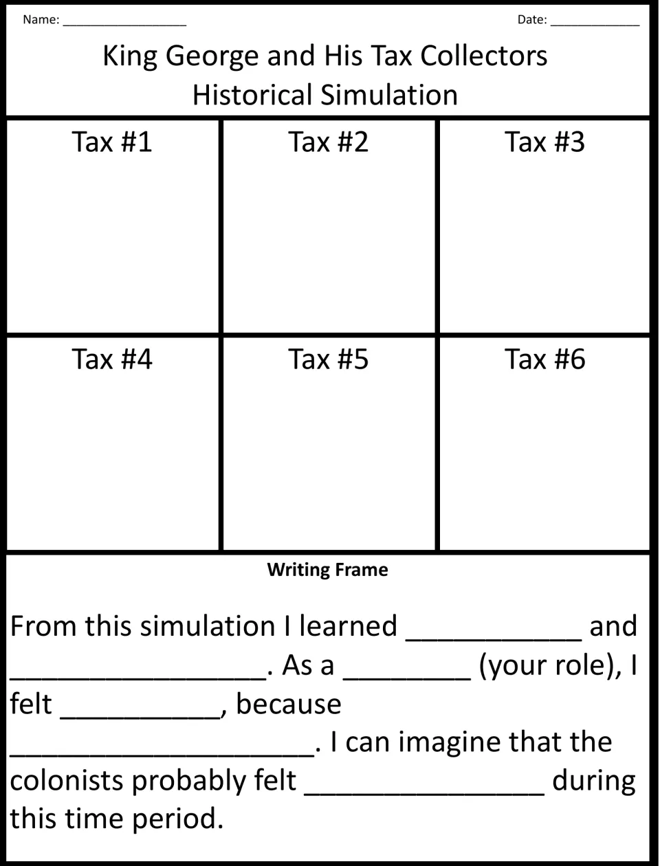 Tax record and writing frame: students note six taxes, then finish sentences on their role and colonists' feelings